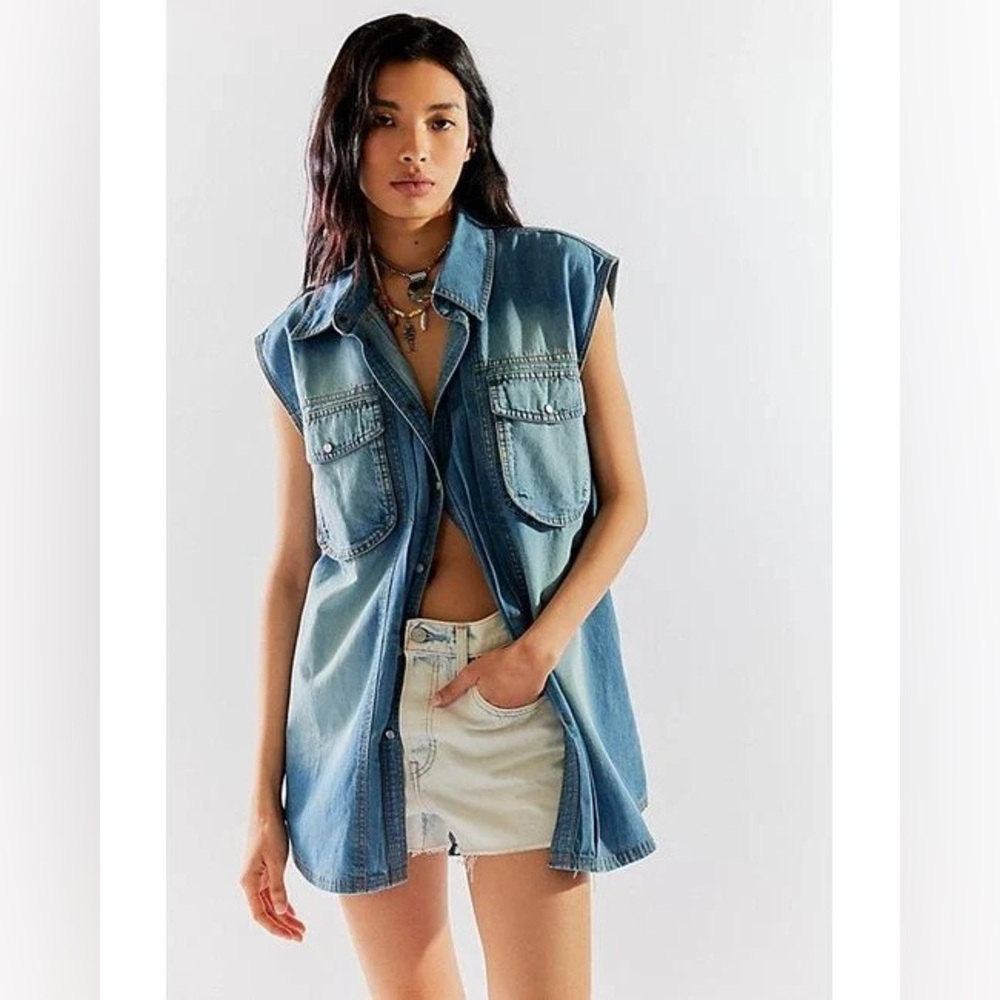 We The Free by Free People Wild Dreams Denim Western Cowboy Vest sz XS
